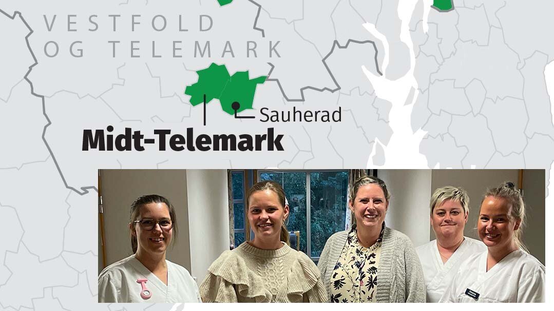 Bildet viser utsnitt av Norgeskartet ved Sauherad og med portrettbilde av Mona Storkaas med flere.