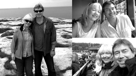 Illustrasjonen er satt sammen av flere bilder som viser forfatteren sammen med mannen sin.