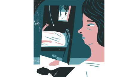 En sykepleier står utenfor et pasientrom og ser inn. Illustrasjonen viser en sykepleier som står utenfor et pasientrom og ser inn.