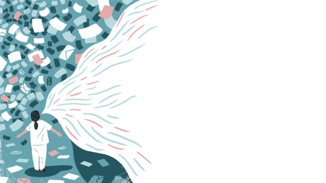 En sykepleier roper ut mens masse papirer og brev flyr rundt. Illustrasjonen viser en sykepleier som roper ut mens masse papirer og brev flyr rundt.