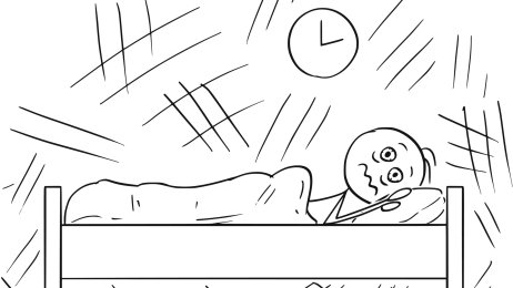 Sliten og i sengen Bildet viser en tegning av et menneske med vidåpne øyne som forsøker å sove.