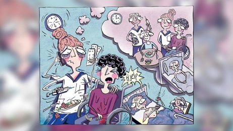 Sykepleier i en hektisk arbeidssituasjon som drømmer om en annerledes jobbhverdag Illustrasjonen viser en sykepleier i en hektisk arbeidssituasjon som drømmer om en annerledes jobbhverdag