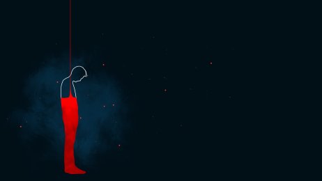 Bildet viser en kunstnerisk tegning av en ensom mann i rødt på en mørk bakgrunn. Mannen henger i en tynn tråd