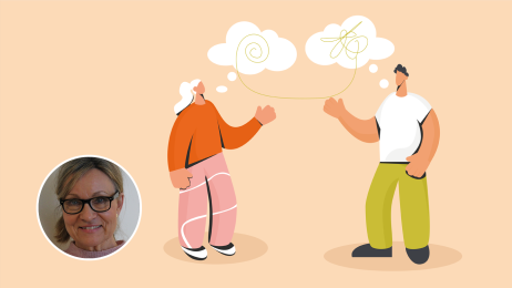 Psykiater og pasient nøster opp i tanker. Illustrasjonen viser en psykiater og en pasient som nøster opp i tanker.