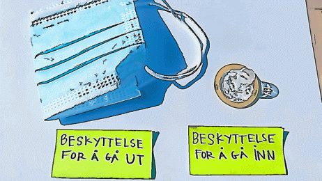 Bildet viser et munnbind og en kondom Bildet viser et munnbind og en kondom