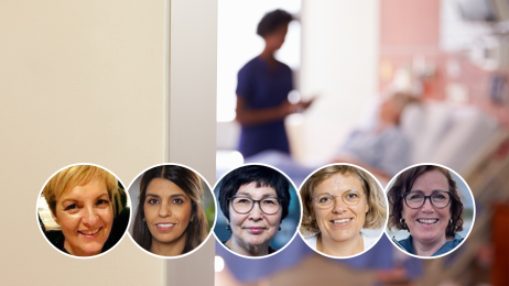 Bildet viser et uskarpt bilde av en sykepleier som prater med en pasient som er sengeliggende. I selve bildet er portrettbilder av alle innleggsforfatterne lagt inn.