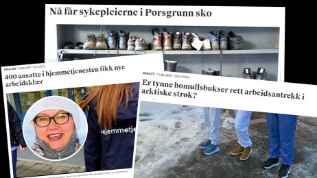 Montasjen viser faksimiler fra saker skrevet om arbeidstøy for sykepleiere.