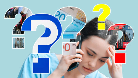 Bildet viser en fotomonasje med en fortvilet sykepleiere omgitt av spørsmålstegn