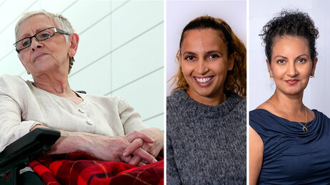 Bildet viser et illustrasjonsbilde av en eldre kvinne og portretter av innleggsforfatterne