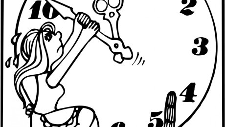 Tegning av kvinne som henger i en klokke.