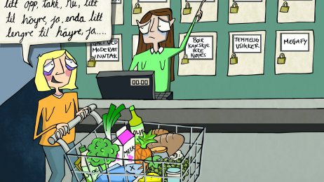 helsepolitikk, ernæring Illustrasjonen viser en kvinne med handlevogn som dirigerer en kassadame som står foran en vegg med skap det står ting som tja-varer og ikke trygg.