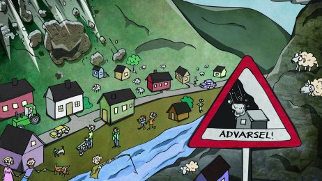 bemanning, eldreomsorg, advarsel Illustrasjonen viser en bygd der det går steinras og i forgrunnen er det et varselskilt som advarer mot steinras.