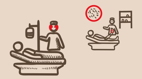 To sykepleiere. To metoder. Tegningen viser to sykepleiere. Den ene jobber med skolemedisin, mens den andre benytter seg av alternativ medisin.