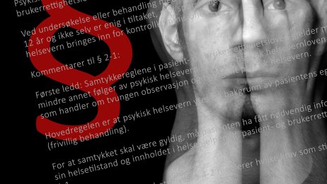 Mann og lovtekst Collage som viser bilde av en mann som holder seg for ansiktet. Bildet viser også lovtekst og paragraf