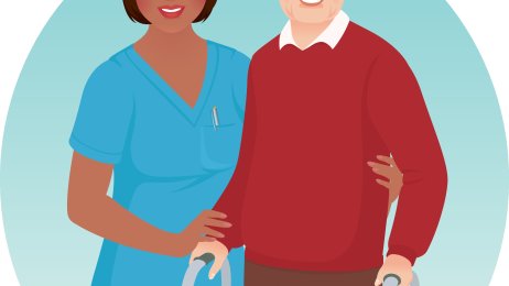 PÅ JOBB: De fleste sykepleiere som jobber på pleiehjem arbeider turnus, ofte med lange vakter. Illustrasjon: Colourbox. Tegning av sykepleier og eldre mann med gåstol.