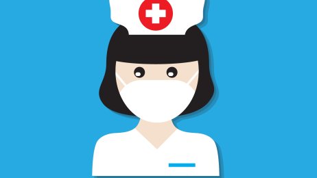 Illustrasjonen viser en sykepleier med munnbind og kutte, mot blå bakgrunn.
