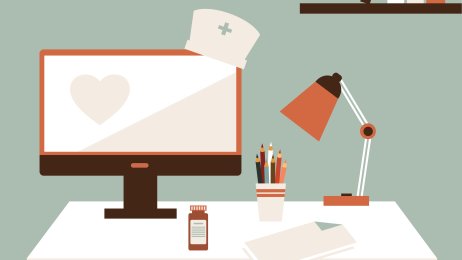 Illustrasjonen viser et skrivebord med pc og en sykepleierkutte som henger på snei over pc´en.