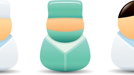 Illustrasjonen viser tre dukkeaktige figurer kledd som helsepersonell.