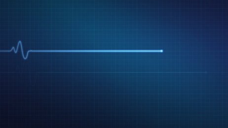 EKG-monitor, ingen hjerteaktivitet EKG-monitor med en rett strek som symboliserer ingen hjerteaktivitet, med blå bakgrunn og et hjertesymbol oppe til høyre med et kryss over.