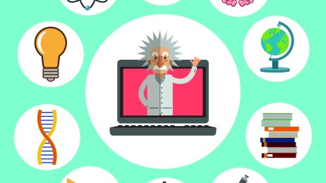 Einstein og vitenskapen Illustrasjonen viser Einstein i midten av en sirkel av vitenskapelige symboler