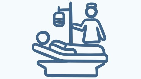 Sykepleier, sykehus Illustrasjonen viser en sykepleier som står med et intravenøsstativ ved en sykehusseng.