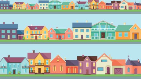 Lønn, lån Illustrasjonen viser hus i forskjellige størrelser og farger.