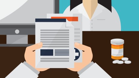 sykepleier, dokumentasjon Illustrasjonen viser en sykepleier, en datamaskin og papirer.