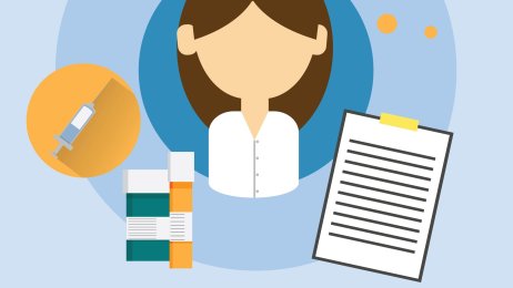 sykepleier, sykepleie Illustrasjonen viser en sykepleier som tenker på oppgavene hun må gjøre.