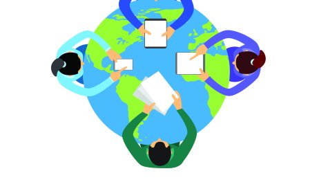 Globalt samarbeid Illustrasjonen viser fire mennesker som sitter rundt en jordklode, sett ovenfra. De har papirer foran seg og samarbeider.
