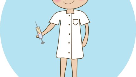 sykepleier, kvinne Tegningen viser en sykepleier i kjole og med en sprøyte.