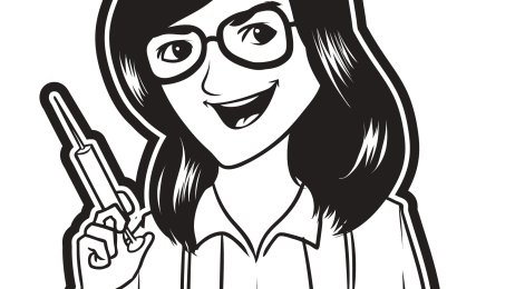 sykepleier, sykepleierutdanning Illustrasjonen viser en sykepleier som smiler offensivt og står klar med en sprøyte.