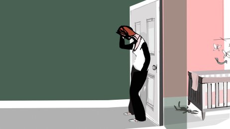 Fødselsdepresjon Illustrasjonen viser en deprimert mor som står utenfor barnerommet.