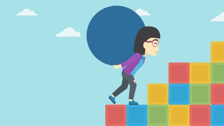 Sisyfos-arbeid Illustrasjonen viser en kvinne som bærer en stein på ryggen opp en trapp