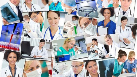 Fotomontasje av sykehuspersonell Bildet viser en montasje av ansatte på sykehus, som leger og sykepleiere