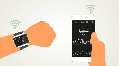 Smarttelefon med helseapp og smartklokke Illustrasjonen viser en smarttelefon med en helseapp som kommuniserer med et armbåndsur.