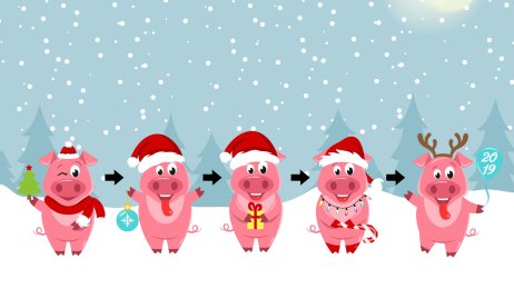 Tegninger av fem små julegriser på rekke og rad Tegninger av fem små julegriser på rekke og rad