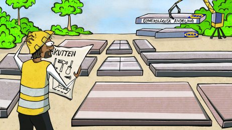 Nasjonal sykehusplan, sykehus, IKEA Illustrasjonen viser en mann som bygger sykehus av flatpakker.