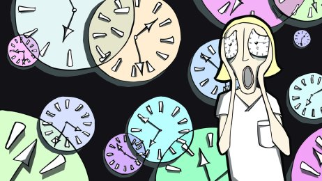 Illustrasjonen viser en sykepleier som ser angstfylt ut, mens hun er omgitt av klokker.