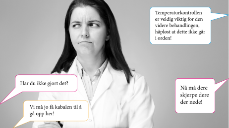 Streng sykepleier Bildet viser en streng sykepleier med mange snakkebobler rundt hvor det står forskjellige reprimander