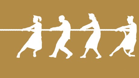 Sykepleiere trekker tau. Illustrasjonen viser flere sykepleiere i tautrekking. De trekker i samme retning.