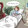 Illustrasjonen viser en dialysepasient som får dialyse mens en eldre mann sitter i en stol ved siden av og sier "Hva føler du nå?"
