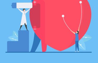 Illustrasjonen viser et stort hjerte som små helsepersonell forsøker å reparere.