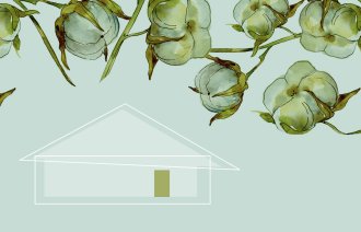 Bildet viser en grafisk montasje av et hus og blomster.