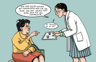 Illustrasjonen viser en sykepleier som holder et brett mot en pasient og sier: Den rosa pillen hjelper mot leddsmerter, men gir deg diaré. Den gule hjelper mot diaré, men gir deg leddsmerter. Så: Hvilken vil du ha?