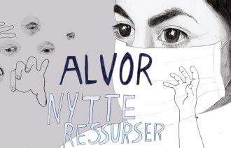 Illustrasjonen viser en sykepleier med munnbind og ordene "alvor", "nytte" og "ressurser"