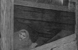 Bildet viser et utsnitt av maleriet Pesta i trappen av Theodor Kittelsen.