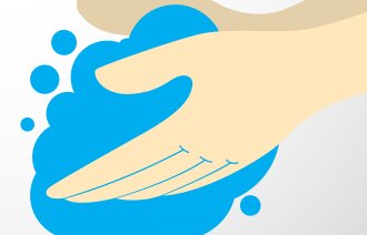 Illustrasjonen viser to hender som utfører håndvask.