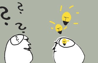 Tegning av to personer. Den ene med lyspærer over hodet, den andre med spørsmålstegn over hodet. Tegning av to personer. Den ene med lyspærer over hodet, den andre med spørsmålstegn over hodet.