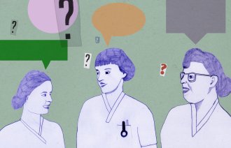 Illustrasjonen viser tre sykepleiere som ser spørrende ut