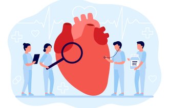 Sykepleiere og leger som studerer et hjerte. Tegning av sykepleiere og leger som studerer et hjerte som er større enn dem selv..